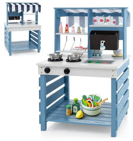 COSTWAY Cocina Juguete de Madera 2 en 1, Puesto de Comestibles con Estufas, Fregadero, Caja de Agua, Grifo y Utensilios de Cocina, Cocina Infantil Exterior con Techo para Niños de 3+ Años (Azul)