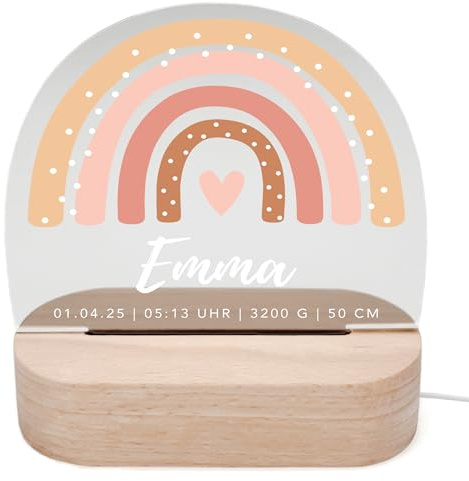 DEL MÀ Unique & Personal Regenbogen Nachtlicht Baby personalisiert Babyzimmer Kinder Deko Kinderzimmer Nachtlampe Mädchen Jungen Kinderlampe Inkl. Holzfuß (Beige)