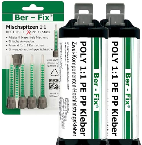Ber-Fix 2K Poly Spezialkleber 2x50g + 12 Düsen PE PP HDPE primerlos 50g | 2K Poly Spezialkleber 2x50g + 12 Mischdüsen PE PP HDPE primerlos 50g: Spezialist für PE
