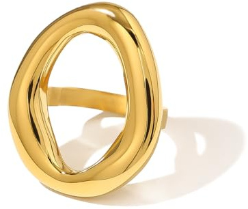 IMINI Hohl Oval Geformte Klobige Statement Ring für Damen Edelstahl Unregelmäßiger Dicker Klobiger Goldfingerband Stapelbare Ringe Geometrischer Ring Minimalistischer Schmuck