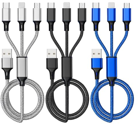 3PCS Câble Chargeur Multi Embout, Câble de Charge 3 en 1 Universel 1,2M, Multi Câble USB Rapide avec Connecteurs L, USB-C et Micro USB, Couleurs Noir, Argent et Bleu, Compatible Multi Appareils