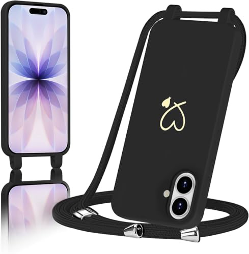 AoozeFon für iPhone 17 hülle mit Band, Handyhülle iPhone 17 mit Kordel zum Herz, Schutzhülle Handyband mit Umhängen Abnehmbare Weich TPU Liquid Silikon Bumper, Schwarz