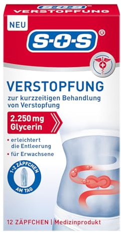 SOS Verstopfungs-Zäpfchen | Zur kurzfristigen Behandlung von Verstopfung | 2.250 mg Glycerin | 12 Zäpfchen für Erwachsene