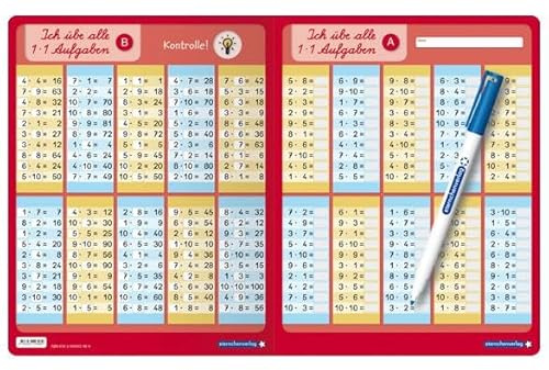 Ich übe alle 1x1 Aufgaben mit Stift: Einmaleins Übungstafel, Klappkarte im großen Format, trocken abwischbar ohne zu schmieren und ohne Farbrückstände für die 2. Klasse