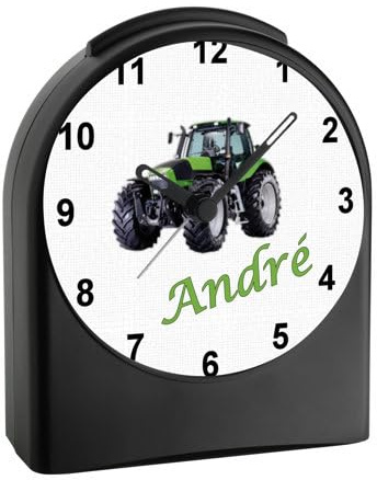 CreaDesign Analog Kinderwecker personalisiert mit (Wunsch) Namen, Kinder Funkwecker ohne Ticken und mit Licht/Beleuchtung, Schulanfang, Motiv Moitv Traktor