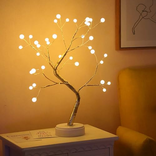 AVEKI Tree Branch Lights,Warm White 36 LED Pearls Decorative Desk Table Lamp Battery Operated or USB Supply Copper Wire Tree Bedside Lamp with Touch Switch for Home Room Decor (Pearl Lamp - 36LED)