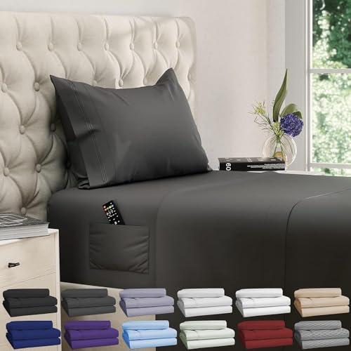 DREAMCARE Twin Sheets - 3 pcs Breathable Cooling Bed Sheets - up to 15 Deep Pocket Twin Bed Sheets with Side Pockets - Extra Soft 100% Brushed Hypoallergenic Hotel Luxury Bedding - Gray