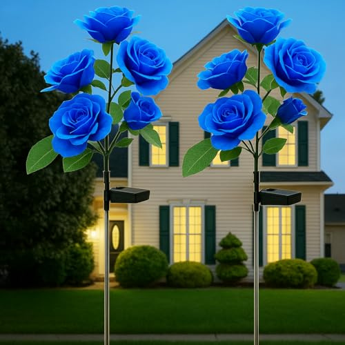 Solar Decorative Stake Rose Flower Lights for Yard Outdoor Porch Garden Memorial Cemetery Backyard Decor Flower Bed Decoration (2 Pack, Blue)