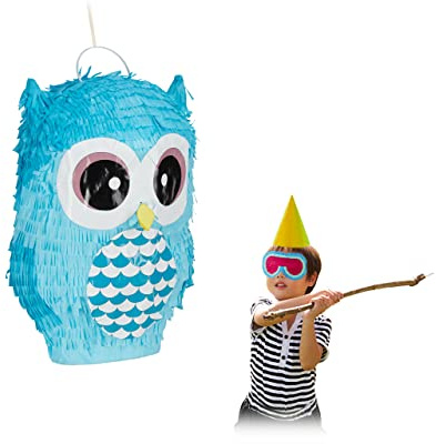 Relaxdays Piñata Búho, Piñata tierna de Animal para Rellenar tú Mismo, Cumpleaños, Colgante, para Golpear, Niños, Azul