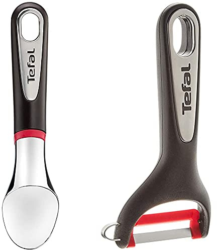 Tefal K2072214 Ingenio Cuillère glace Aluminium Chromé avec angle circulaire ustensile de cuisine noir et rouge sans bisphénol A avec insert silicone & INGENIO ACCESSOIRES Eplucheur à légumes