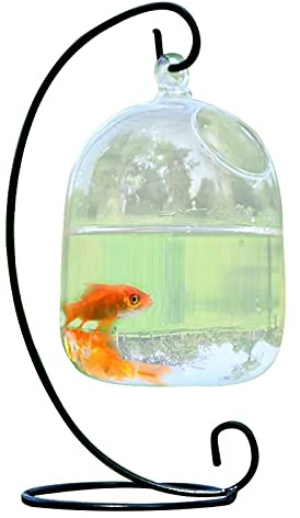 MISNODE Vaso da appendere in vetro con supporto, vaso creativo per pesci rossi in vetro trasparente, ciotola per pesci rossi, piccola ciotola per pesci betta, decorazione da scrivania