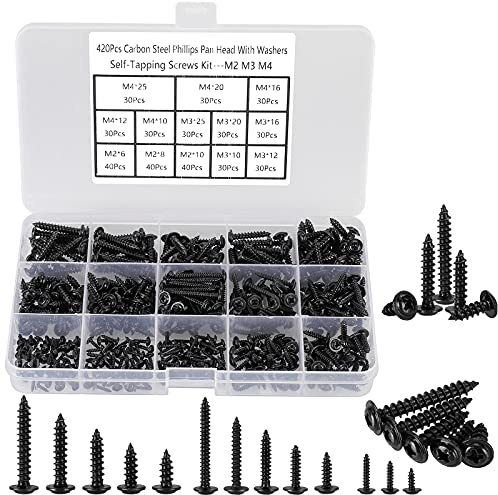 HanTof 420pcs M2 M3 M4 Phillips Truss, Wafer, Pan Head Self-Tapping Wood Screws - Assortment Kit for Wood, Plastic & Soft Metal, 13 Sizes, Black Carbon Steel
