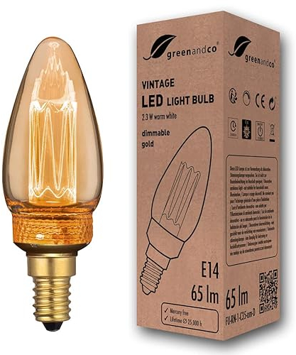 greenandco Lampadina Vintage Edison LED dimmerabile | E14 C35 | ambra | 2,3W 65lm | 1800K luce extra calda | 320° | 230V | nessun sfarfallio