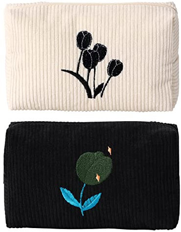 Make-up-Tasche, Kosmetiktasche für Damen, 1 x große Kapazität und 1 x Federmäppchen, Make-up-Pinsel, Aufbewahrungstasche, Reise-Kulturbeutel, Organizer, schwarz und weiß