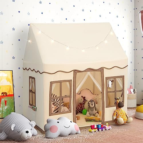 DREAMADE Tente de Jeux Enfant avec Lumière Etoilée LED Cabane Enfant avec Tapis Antidérapant,2 fenêtres, Maison de Tente Intérieure et Extérieure pour Filles Garçons (Kaki)