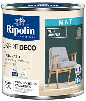 RIPOLIN - Peinture Intérieure Multi-Supports – Murs, Boiseries & Radiateurs – Ultra Couvrante – Lessivable – Application Facile – Ecolabel - Aspect Mat - 0,5L - Vert Armerie