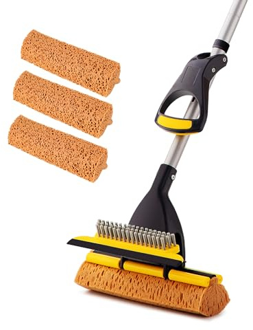 Yocada Sponge Mop Home Commercial Use Tile Floor Bathroom Garage Cleaning Total 3 Sponge Heads Squeegee and Extendable Telescopic Long Handle 42.5 to 52 Inches Easily Dry Wringing Only 3 Heads