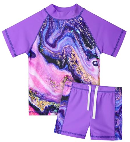 HUAANIUE Girls 2PCS Swimsuit 3-11Y Swimming Set Short Sleeve Swimwear Summer Beach Swimming Costume Outfit Sun Suit(AgatePurple,12A