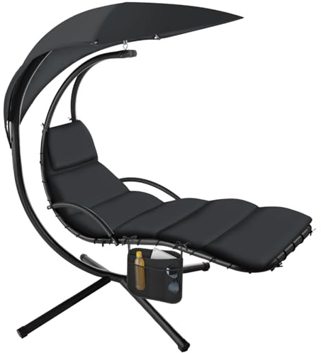 tectake® Columpio Jardín Exterior, Silla Colgante con Toldo Protección UV, Sillón Balancín con Estructura Robusta y 4 Pies, Hamaca Colgante Interior y Exterior, Ergonómica - Negro