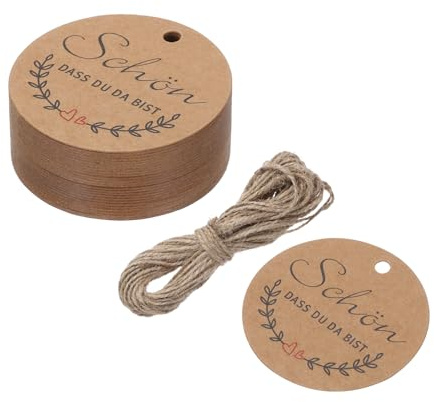 QUARKZMAN 100 Stück Geschenkanhänger Kraftpapier Etiketten Geschenk Anhänger Tags, Rund 5cm Kärtchen mit 20 Meter Jute Schnur für Geschenkverpackung Weihnachten