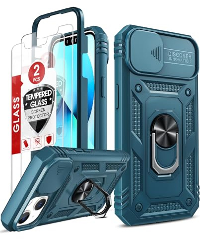 LeYi Coque pour iPhone 13 6.1(Pas 13 Pro Max/13 Pro) avec 2*Verre Trempé+Anneau Support,Full Protection de la Caméra en PC Dur Anti-Chut Renforcée Armor Heavy Duty Antichoc Bumper Housse Etui，Bleu