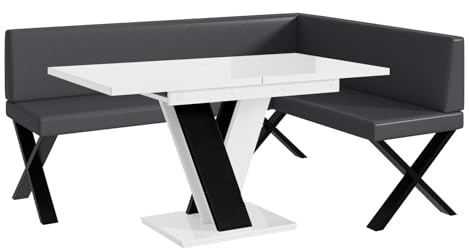 MEBLINI Eckbank für Esszimmer mit ausziehbarem Tisch - Küchenbank - Essecke - Sitzecke Küche - ERIC - X-Beine 128x168x87cm Rechts - Grau Kunstleder/M Weiß-Schwarz Hochgl.