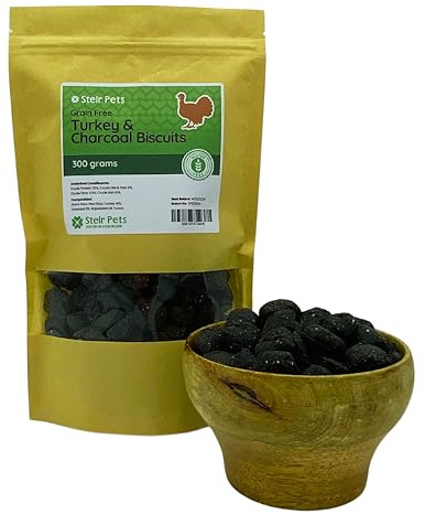 Grain Free Dog Treats with Turkey and Activated Charcoal (Pack of 300g) | Supports Digestion, Fresh Breath, Reduces Flatulence, Grain Free, Gluten Free Dog Treats, Low Fat