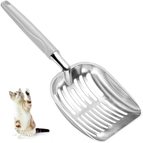 Cat Litter Scoop, Metal Cat Scooper, Plastic Handle Scoop, Sifting Shovel for Christmas – Heavy Duty Aluminum Alloy Litter Box Scoop with Deep Mesh, Design for Easy Waste Removal and Cleaning(Gray)