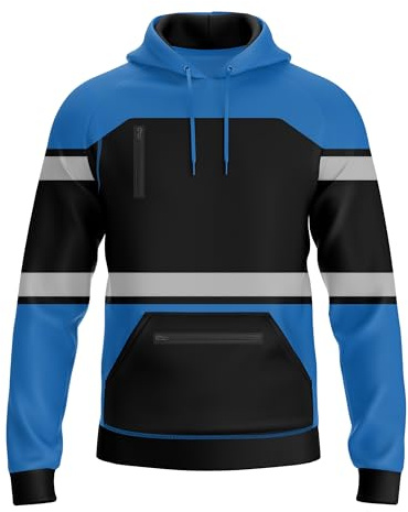 Mens Hi Vis Pullover Work Wear Hoody Reflective Tape Safety Work Drawstring Multi Zipped Pockets Style High Viz High Visibility Hooded Sweatshirt