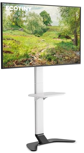 ECOTINY Ultra Slim Floor TV Stand for 37–86 Inch TVs, Modern Curved Base with Shelf, Adjustable Height & Tilt, Space-Saving Design with Cable Management, Fits VESA 600x400mm, White