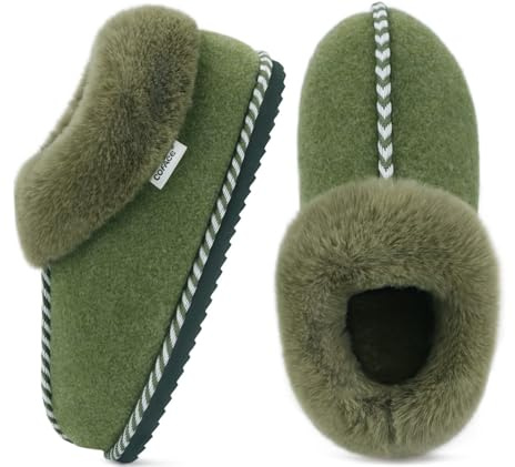 COFACE Donna Morbide Calde Soffici Leggere Comode Camera Ecopelle Peluche Feltro Casa Ciabatte Pantofole Stivaletti Memory Foam Legno Pavimento Interni Esterni Verde Taglia 39