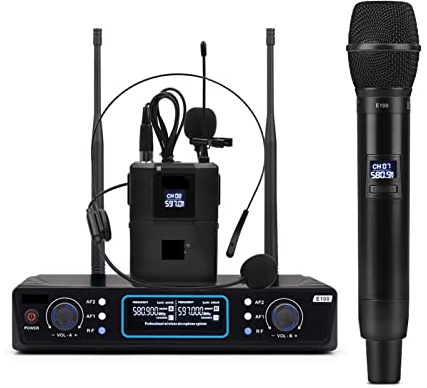 DJ-Mixer-Controller Dual Way Sender Uhf Wireless Mikrofon mit Handheld + Bodypack + Revers + Headset Mic for Karaoke Church YouTube für Streaming/Podcasting/Gaming, Telefon, Computer