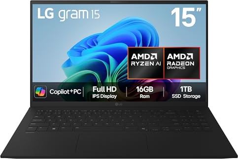 LG gram 15Z80T - 15 inch FHD IPS Ultra-Lightweight Laptop, AMD Ryzen Al 7 350, AMD Radeon 860M GPU - 50 TOPS NPU, 16GB RAM, 1TB SSD, Copilot +PC, Windows 11 Home, Black (2025)