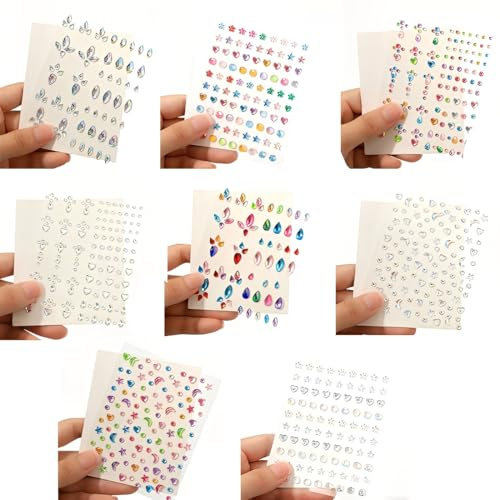 JYNXOR 8 Feuilles Strass Auto-Adhésifs - Strass Diamant Cristal Acrylique, Décoration DIY pour Maquillage Visage, Ongles, Crafts et Accessoires