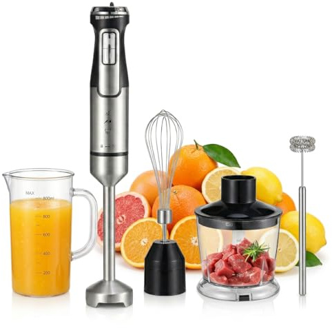 5-in-1 Hand Blender 1600W, Hand Blenders for Kitchen with 7-Speed Turbo, Immersion Stick Blender Set with Whisk, Milk Frother, 600ml Chopper & 800ml Beaker, Stainless Steel