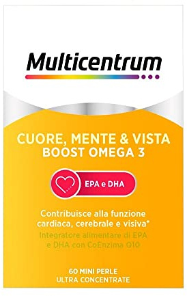 Multicentrum Omega3 Cuore, Mente & Vista Boost Omega 3, Integratore Alimentare di EPA e DHA, Tripla Azione Funzione Cardiaca, Cerebrale e Visiva, 60 mini perle