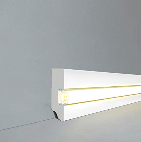Battiscopa LED e battiscopa Brühl MDF laminato, 721.1958L, battiscopa LED, barra luminosa, con copertura bianca, battiscopa professionisti, colore bianco
