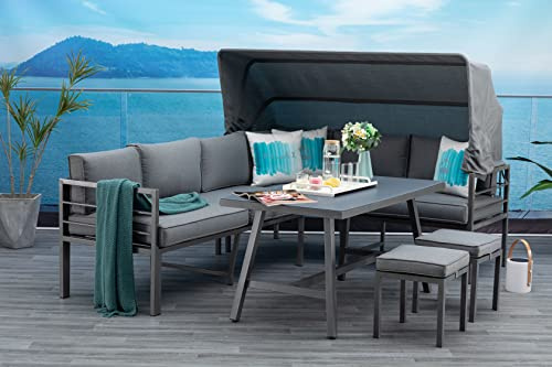 Mandalika Garden Newport Hohe Dining Aluminium Lounge, 3 in 1 | Mit Sonnendach, Verstellbare Kopfteile, Garten Sitzgruppe
