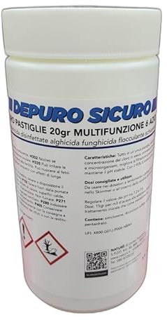 Naturii Cloro Multifunzione, Pastiglie 20 Grammi Cloro Polifunzione Dicloro, Battericida Alghicida, Flocculante, Schiarente, Fungicida per Acqua Piscina Barattolo 1 kg
