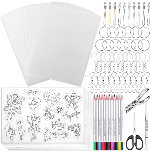 Shynek 205 Pieces Shrinky Art Keychain Kit, Include 20 Pcs Shrinky Plastic Sheet and 185 PCS Keychain Accessories for Creative Art Craft