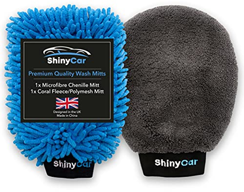 ShinyCar® UK: 2x Microfibre Car Washing Mitts: Streak-Free Noodle Glove for Lifting Dirt & Bug Remover with Fleece Polishing Side, Scratch-Free Cleaning, Safer On Paintwork Than Sponges or Wash Cloths