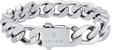 KRKC&CO 12mm Cuban Armband Herren, Weißgold Beschichtet Panzerkette, Kubanische Gliederarmband, Silber Edelstahl, Hip Hop Schmuck für Jungen 20cm