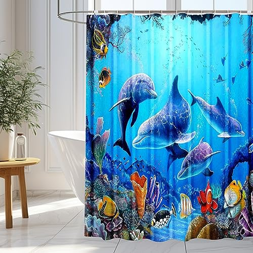 wiipara Duschvorhang 180x180cm, Wasserabweisende Duschvorhänge Blau Delphin Shower Curtains Bad Vorhang, Waschbar Badzimmer Badewanne Vorhang Duschvorhang Anti Schimmel mit 12 Duschvorhangringe