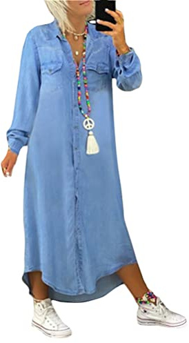 Tomwell Jeanskleid Damen Elegant Langarm Kleid Midikleid Mit Taschen Blusenkleid Denimkleid Knopf Blusenkleid Hemdkleid G Blau XL