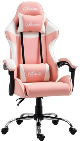 Vinsetto Silla Gaming Giratoria Reclinable 135° 63x67x122-130 cm Rosa | Silla Gamer Racing, Altura Ajustable, Reposacabezas, Cojín Lumbar, para Oficina Estudio