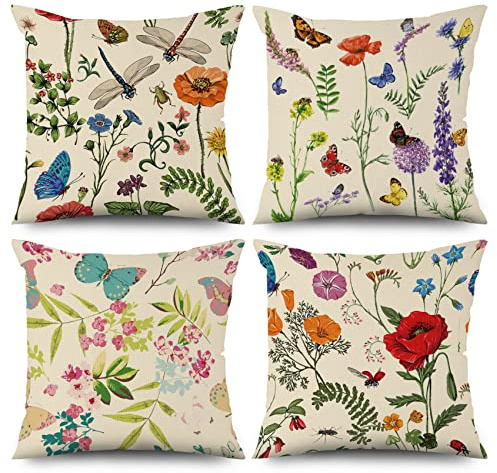 ASDCXZ Housse de Coussin Fleur 40x40 cm, Lot de 4 Fleurs Fraîches Feuilles Vertes Beige canapé Housses de Coussin Lavable Lin Textile extérieur d'oreiller Taie d'oreiller