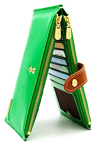 ANDOILT Women's Genuine Leather Wallet RFID Blocking Credit Card Holder Zipper Purse Cell Phone Handbag, Light Green, One Size, Vintage