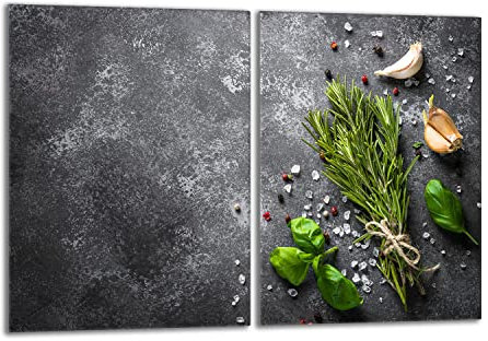 Herdabdeckplatten Set 2x40x52 cm Ceranfeld Abdeckung Glas Spritzschutz Abdeckplatte Glasplatte Herd Ceranfeldabdeckung Deko, Schiefer Gewürze