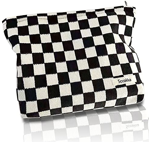 KEYRI Reise Kosmetiktasche Kariert Kulturtasche Multifunktionaler Waschtasche Tragbare Reise Make Up Tasche Organizer für Kosmetik Reisetasche, Kosmetiktasche Klein für Damen Mädchen (Schwarz)