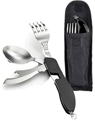 Cubiertos plegables camping multiusos Picnic Senderismo Viajes Portátiles Acero Inoxidable Desmontables 5 en 1 Picnic Cuchillo Tenedor Cuchara Abrebotellas Estuche (negro)